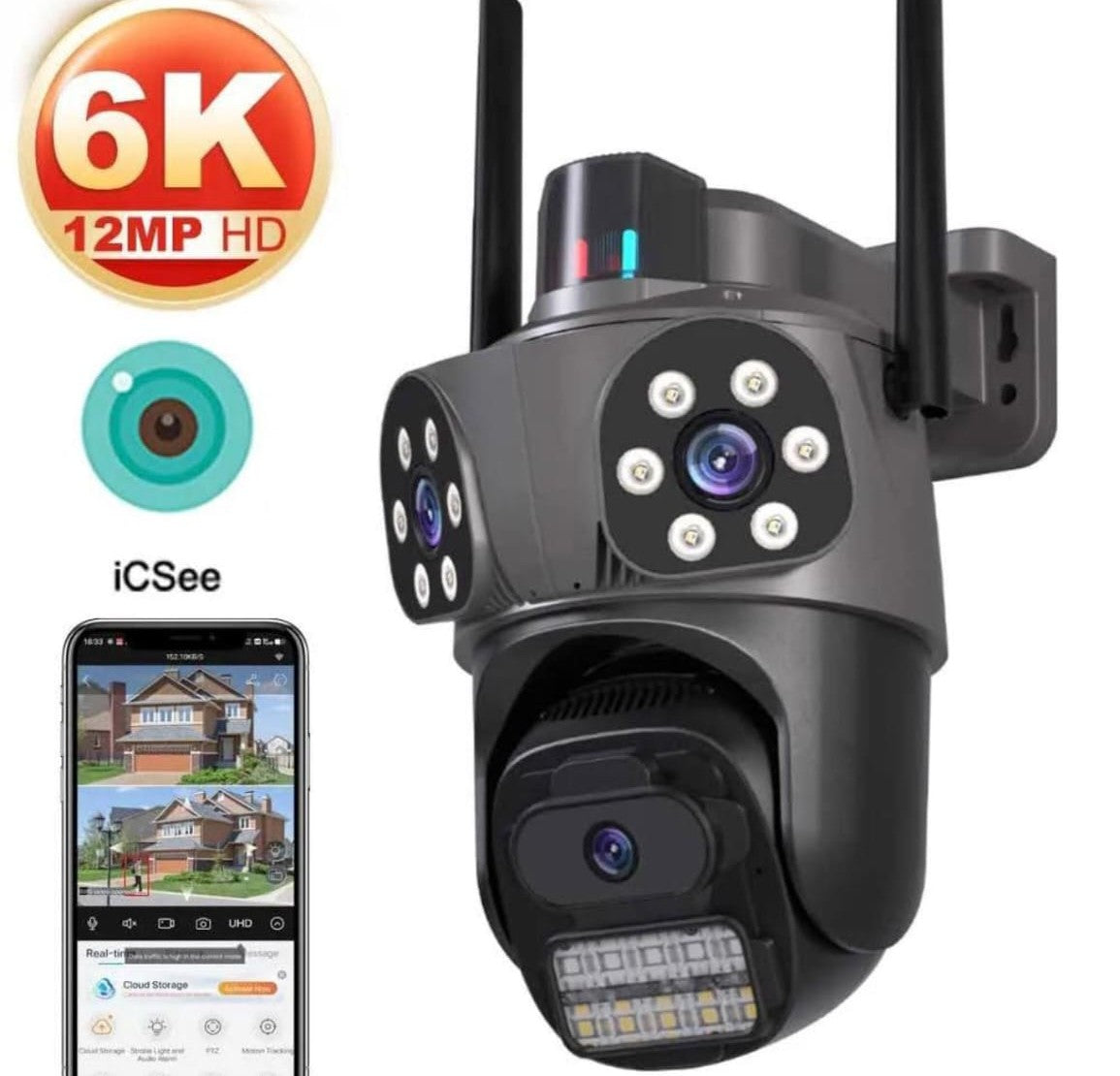 Cámara de Seguridad Tres Lentes 9MP WIFI 360° PTZ IP Visión Nocturna Seguimiento IA ICSEE ICSEE